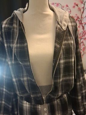 SHEIN Black & Gray Plaid Zip Hoodie